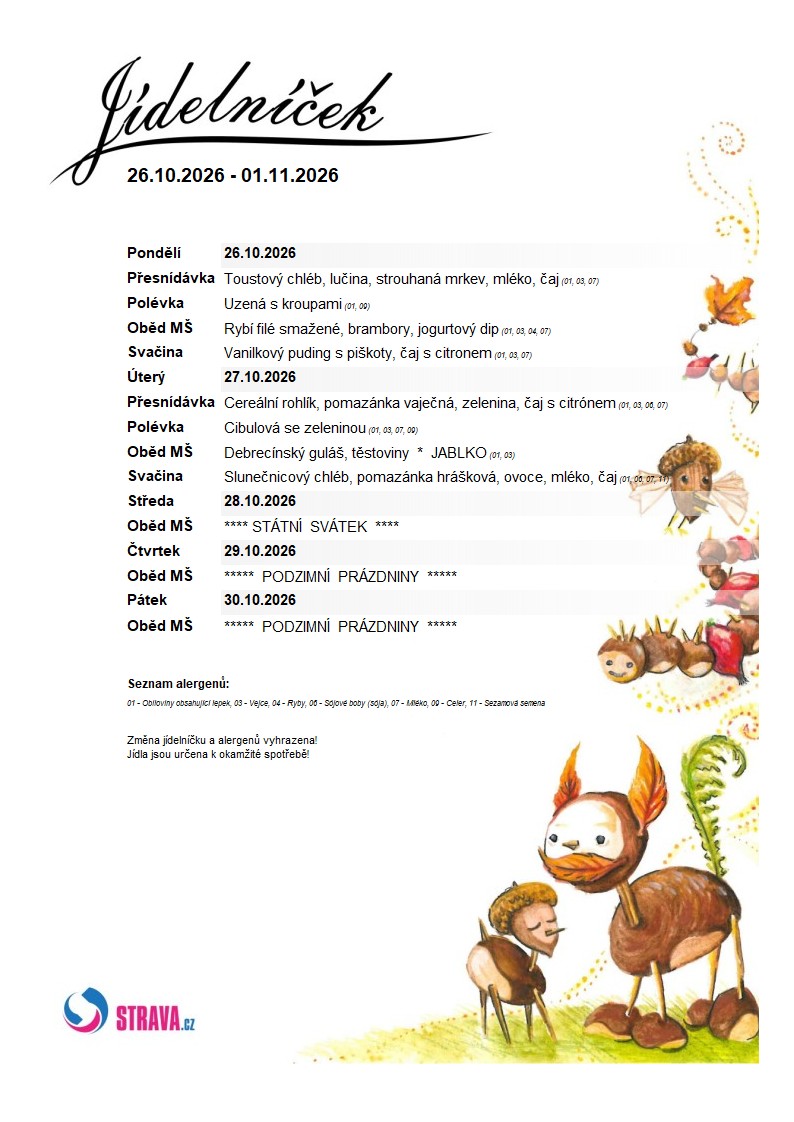Jídelníček MŠ 26.10. 01.11.2026